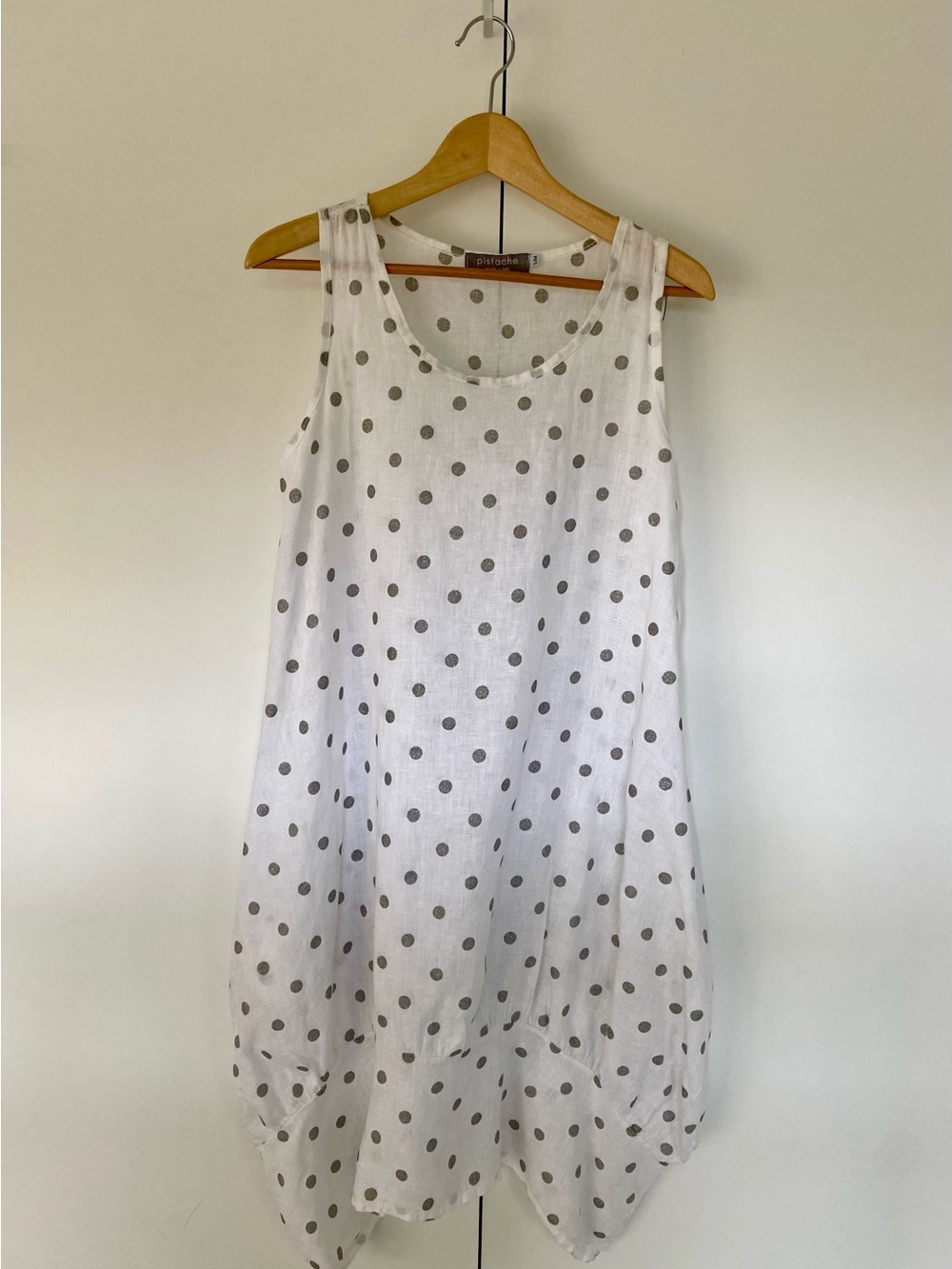 PISTACHE 100% Linen Sleeveless Midi Dress White Silver Polka Dot S/M Italy EUC